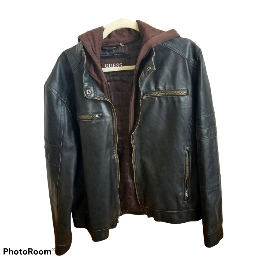 Guess Faux Leather  Brown Bomber Jacket size L